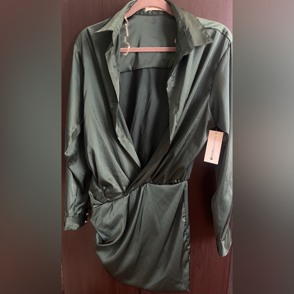 Forest Green Silk Collared Mini Dress Plunging Neckline